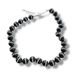 HSN Natural Black Agate & Swarovski Crystal Hand Knot Silver Plated Necklace 18"